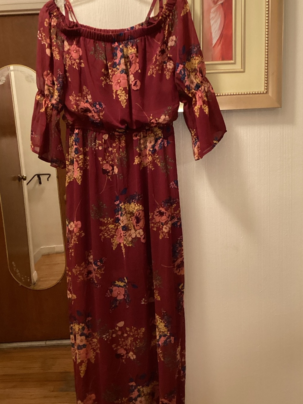 As U Wish Burgundy Floral Off-Shoulder Maxi Dress